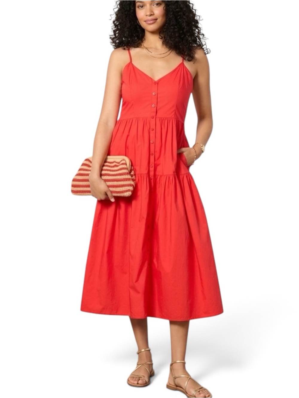 Evereve Helen Cotton Tiered Midi Dress Red Smocked Back Patio Party Size Small